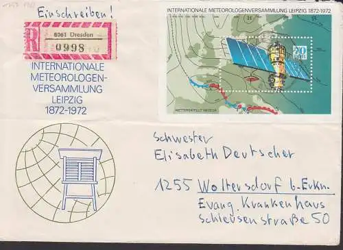 Dresden R-Brief 70 Pfg. Meteorologenversammlung Leipzig 1972, Block 36, portogenau nach Woltersdorf