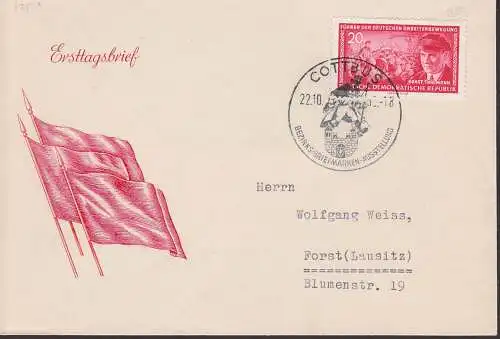Ernst Thälmann SoSt. 22.10.55 mit Postkutschfahrer und Wappen DDR 475, deutsche Arbeiterbewegung
