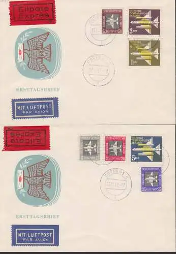 Luftpost Cottbus 13.12.57 auf Ersttagsbrief DDR 609/15, kpl. Ausgabe mit Tagesst., stilisierte Flugzeuge