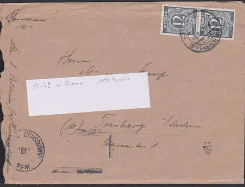 Zensur censsorship FFM "B" Fernbrief M.. über Offenbach nach Freiberg 8.2.47, links unsauber geöffnet