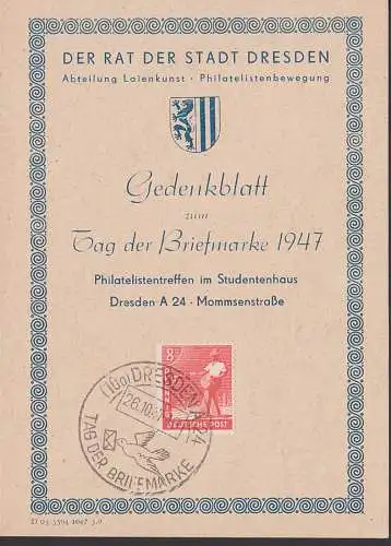 Gedenkblatt Dresden SoSt. 26.10.47 - Laienkunst, Friedentaube mit Brief