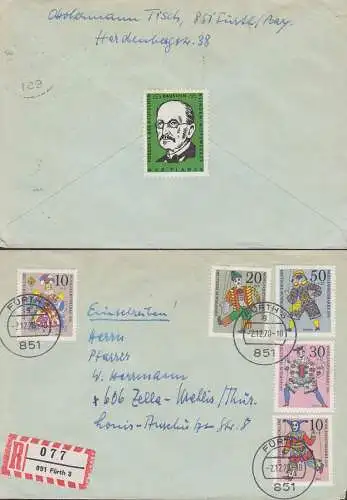 Vignette Max Planck Baustein für Blindenhilfswerk auf R-Brief aus Fürth mit Wohlfahrtsmarken 1970
