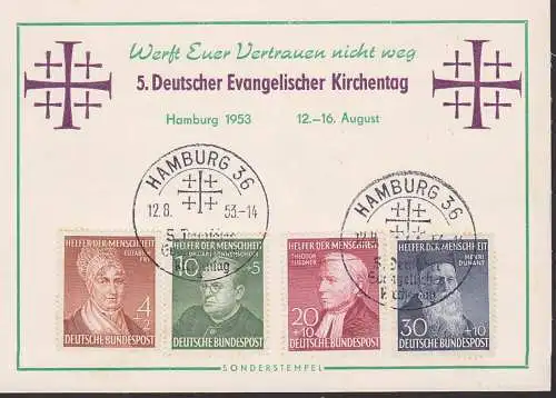 Gedenkblatt 5. Dt. Evang. Kirchentag, SoSt. Hamburg 36 12.8.53 mit "Helfer der Menscheit" BRD 156/59, Henri Dunant