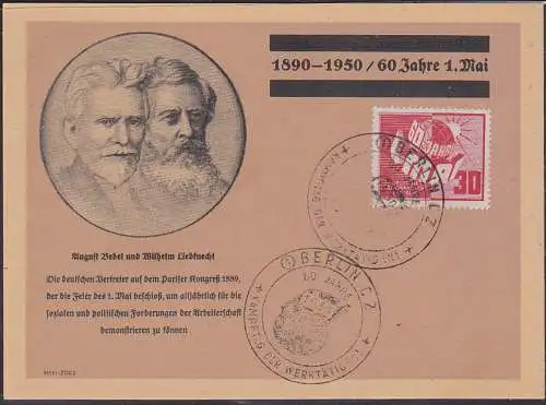 MC 250 30 Pfg. 60 Jahre 1. Mai Schmuckkarte mit August Bebel und Wilhelm Liebknecht, SoSt. Ersttag Berlin Kampftag