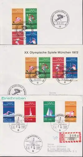 Olympische Spiele München 1972 SoSt. Zdr. 734/37, 719/22 bzw. Block 8, Turnen, Segeln, Ringen, Basketball, Weitsprung