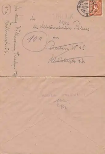 Annahme verweigert, Fernbrief aus Dresden 16.12.46 nach Berlin W15 und "zurück", Empf. Militärmission Polens