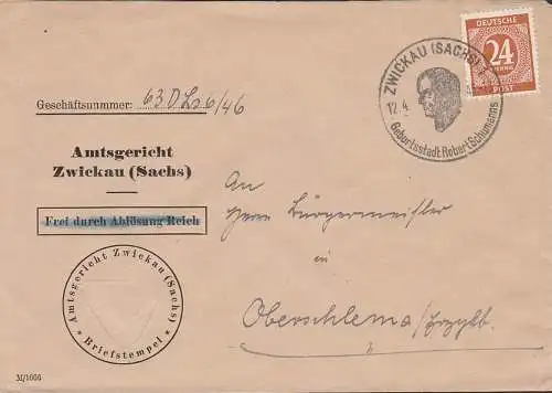 Zwickau Sachsen SoSt. Geburtsstadt Robert Schumanns, Umschlag mit entferntem Hoheitszeichen, "Frei durch.. " durchgestr.