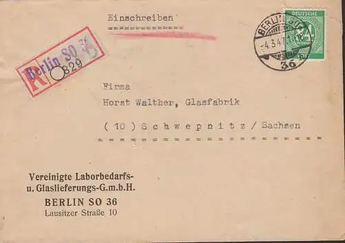 BERLIN SO 36 R-Bf mit 84 Pf. Ziffer Abs. Vereinigte Laborbedarfs- u. Glaslieferungs GmbH 4.3.47