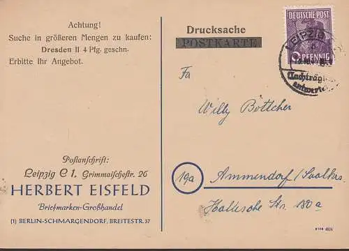 Leipzig "nachtträglich entwertet" Abs. Herbert Eisfeld Berlin-Schmargendorf bzw. Leipzig Drucksache mit Angebot 1947