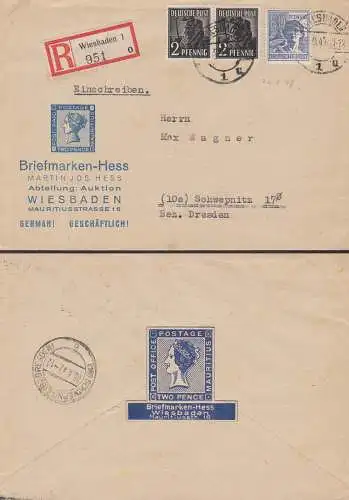 Vignette Briefmarken-Hess two pence Maritius - die Blaue - Wiesbaden R-Brief nach Schwepnitz 20.9.47