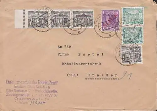Berlin NW 21 Fernbrief mit 6 Pfg. Rotaufdruck in MiF mit Berliner Bauten 30.11.49 nach Dresden, Firmenbedarf