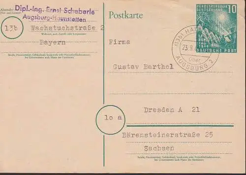 Haunstetten über Augsburg 23.9.49, 10 Pfg. 1. Bundestag - Ganzsache PSo 1, nach Dresden, Bedarfsverwendung