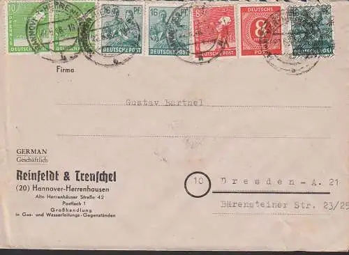 Hannover-Herrenhausen 10-fach-Frankatur MiF Teppich-Aufdruck und Ziffern u. Arbeiter 22.6.48, leicht unterfrank.