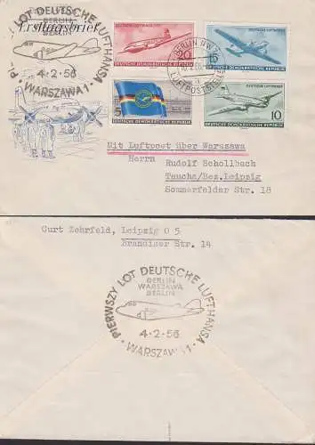 Deutsche Lufthansa OSt. Berlin NW7 Luftpoststelle 10.2.56, nach Taucha Bez. Leipzig  über Warschau Polen, DDR 512/15