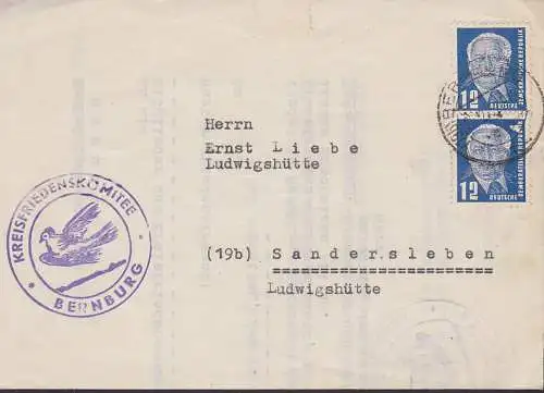 Druckausfall großer weißer Fleck bei 12 Pfg. W. Pieck untere M. rechts, Bernburg Abs.St. Kreisfriedenskomitee 1952