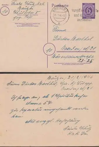 Bautzen MWSt. 21.2.46 mit 6 Pfg. Ziffern-GA P951 portogenau, sogenannte Februarverwendung an Firma