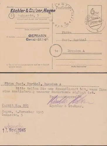 Hagen Westfalen 1.11.45 Karte Notausgabe 6 Rpf. bezahlt mit apt. Postamt-Siegelstempel nach Dresden