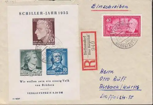 Schiller - Jahr Bl. 12  RBf Diethensdorf über Burgstädt 7.7.56  nach Altbach, 40 Pf. Wilhelm Liebknecht