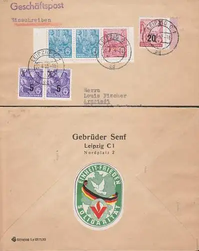 Leipzig R-Bf mit Zdr. aus Markenheftchen W5 22.4.55, rs. Vignette Einheit - Frieden Solidarität