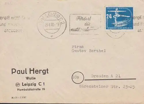 Schirke Eiskunstlauf 24 Pfg. MWSt. Leipzig Fördert die nationale Front, DDR 247 portogenau 13.4.50