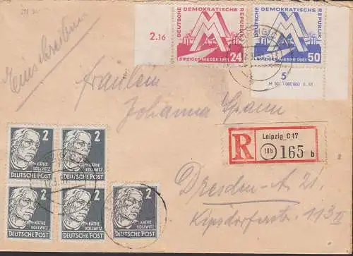 Leipzig R-Brief MM 1951 DDR 282/83, dabei 50 Pfg. Eckrand mit Druckvermerk 283 DV, portogenau 12.3.51 nach Dresden