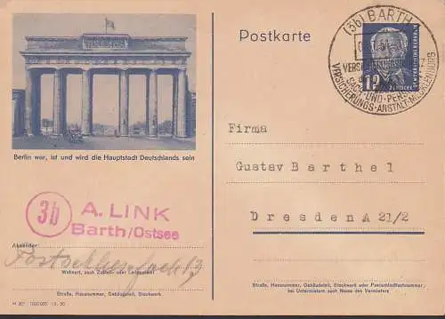 Berlin Brandenburger Tor, Bildpostkarte P 47/01, GA 12 Pf. Wilhelm Pieck, SoSt. Barth Versicherung