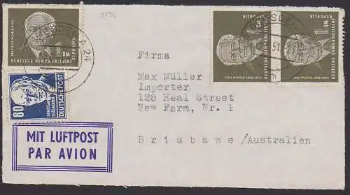Wilhelm Pieck 1 DM(3), 80 Pf. Ernst Thälmann auf Briefausschnitt nach Brisbane Australien aus Dresden 1951