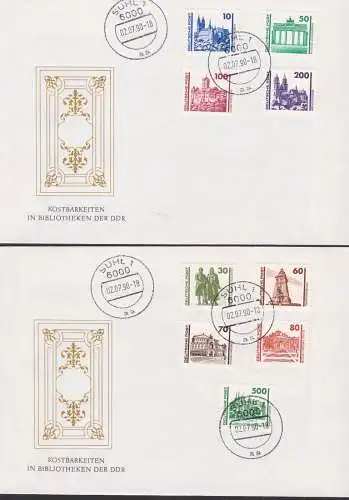 Meissen, Berlin, Wartburg Schwerin, DM-Ausgaben auf zwei Briefen kpl. mit OSt. Suhl 2.7.90, DDR 3344/62