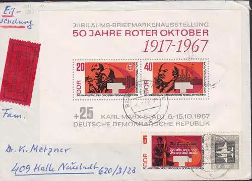 Karl-Marx-Stadt Bl. 26, Eil-Brief mit Zusatzfrankatur, portogenau, rs. Eing,-St., aus Brandenburg, Lenin, Kreuzer Aurora