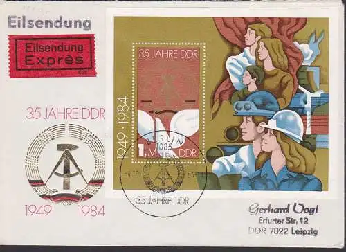 35 Jahre  DDR Bl. 79 mit SoSt. Berlin 4.10.84 Eil-Brief, rs. Eing.-St., Staatswappen Weiße Friedenstaube