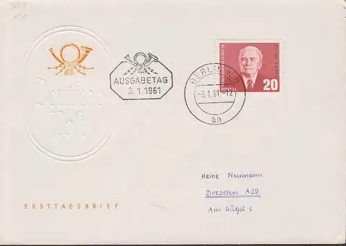 Wilhelm Pieck, DDR 807 auf neutralem Umschlag mit offiz. Ausgabetag-St. 3.1.61