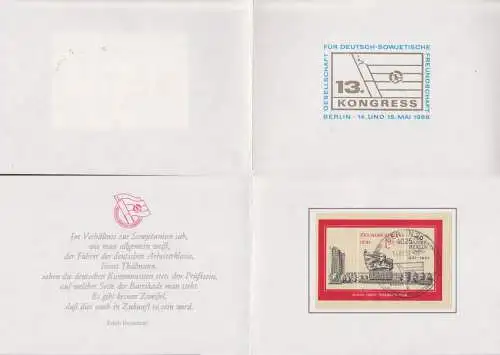 Gedenkblatt 13. Kongress Deutsch-Sowjetische Freundschaft 1988 mit Bl. 750 Jahre Berlin und SoSt., Zitat E. Honecker