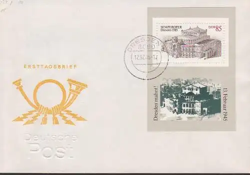Dresden Semperoper, DDR Bl. 80 mit OSt. Dresden 12.2.85, Dresden mahnt auf neutralem FDC-Umschlag