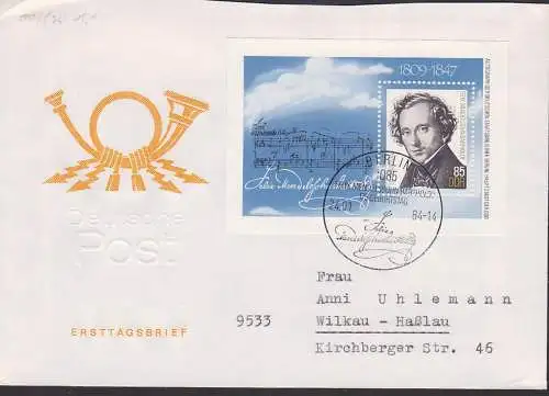 Felix Mendelssohn Bartoldy, DDR Bl. 76 mit SoSt. Berlin 24.1.84 auf neutralem FDC-Umschlag, Autograph