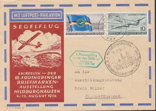 Meiningen - Hildburghausen Postsegelflug 15.8.56 mit 5 Pfg. Lufthansa DDR 512, grüner Best.-St., Schmuckumschlag