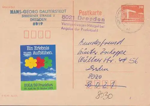 Vignette BUGA 89 Frankfurt 1989, GA-Karte Z3 "8021 Dresden Verzögert wegen Mängel bei Angabe der Postleitzahl!"