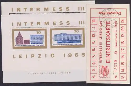 Leipzig INTERMESS III Eintrittskarte mit Tagesst. 11.9.65, dazu das Blockpaar postfrisch