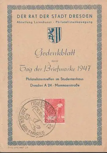 Gedenkblatt Dresden Tag der Briefmarke 1947, SoSt. 26.10.47, Philatelistentreffen im Studentenhaus