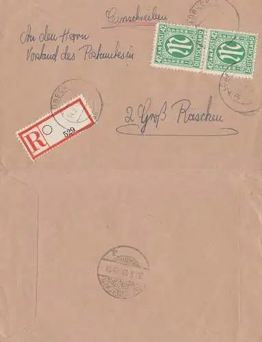 Lübeck, R-Brief 14.5.46 mit 42 Pfg.  AMP BiZ 31(2) an Postamt Großräschen, portogenau, senkr. Paar, Blanko-R-Zettel