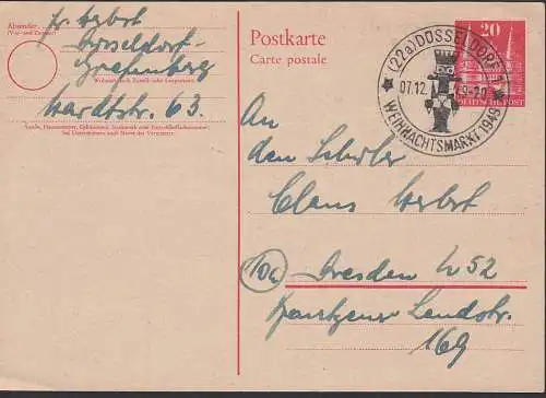 Düsseldorf SoSt. Weihnachtsmarkt 1949 auf 20 Pfg. GA Holstentor nach Dresden, 7.12.49, Weihnachten chrismas