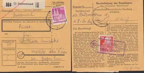 Stadtsteinach Paketkarte nach der DDR Koselitz über Riesa, rs. 30 Pfg. Friedrich Engels für Zustellgebühr, Kölner Dom