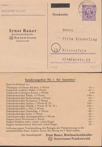 Steinwiesen Ganzsachenkarte mit privatem Zudruck Ernst Bauer Briefmarkenhändler nach Weissenfels