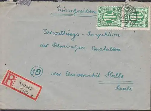 Krefeld 2, R-Brief 15.5.46 mit 42 Pfg.  AMP BiZ 31(2) nach Halle (Saale) Universität, portogenau, senkr. Paar