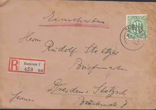 Hannover 1, R-Brief 16.2.46 mit 42 Pfg. AMP  BiZ 31 nach Dresden-Stetzsch