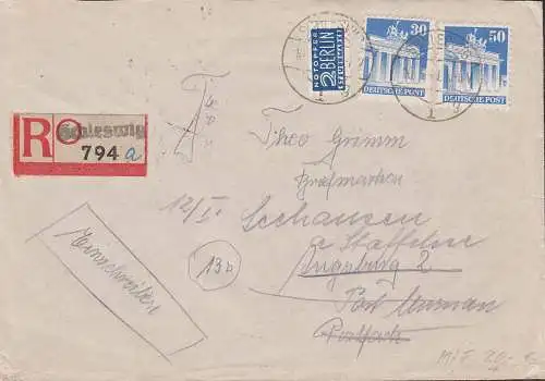 Schleswig R-Brief mit Aushilfs-R-Zettel 30 und 50 Pf. Brandenburger Tor Berlin, NO-Marke, mit Nachsendung