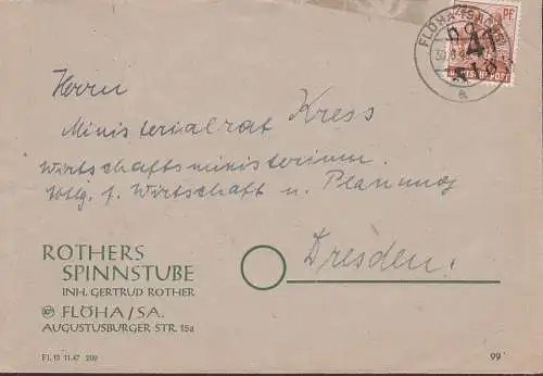 Flöha Brief Handstempelmarke 30.6.48, Abs. Rothers Spinnstube an Wirtschaftsministerium Dresden