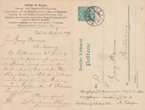 Kiel 5 Pf.-GA mit privatem Zudruck  Sartori & Berger Dampf- und Segelschiffs-Rhederei 26.7.1891