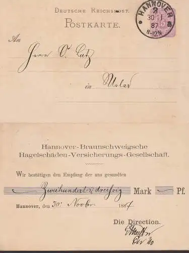 Hannover 5 Pf.-Ga mit privatem Zudruck Hannover-Braunschweigsche Hagel-Schäden-Versicherung-Gesellschaft 30.11.1887