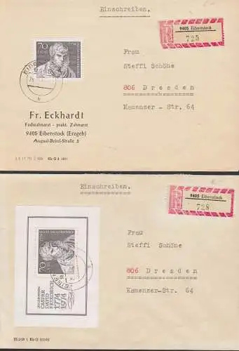 Caspar David Friedrich, Eibenstock zwei R-Bfe portogenau mit Marke und Block DDR 1962, Bl. 40