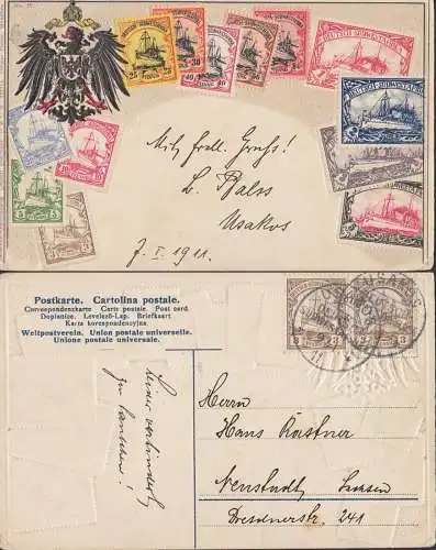 USAKOS, 3 Pfg. Kaiseryacht Prägekarte mit Ab. der Marken 9.1.1911 MiNr. 24(2)